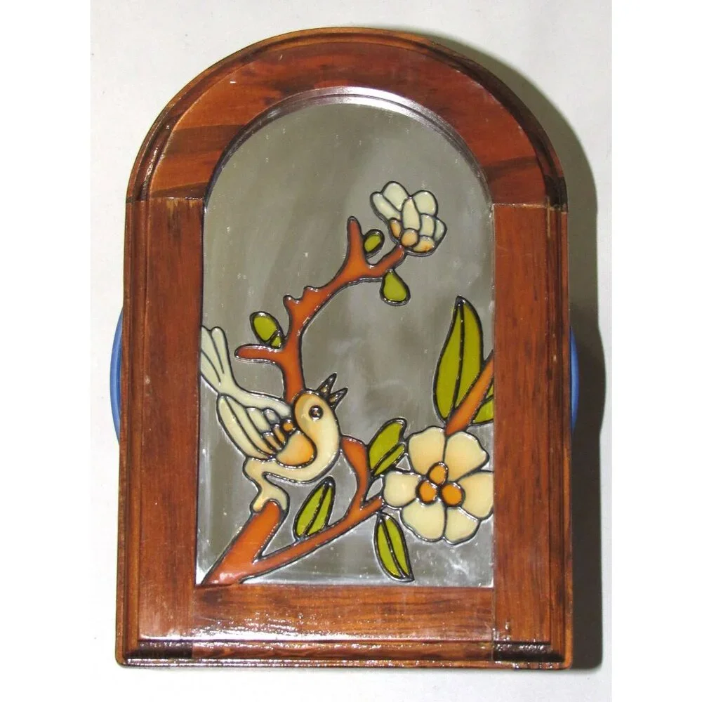 Stained Glass Wooden Framed Bird & Flower Design Wall Art
